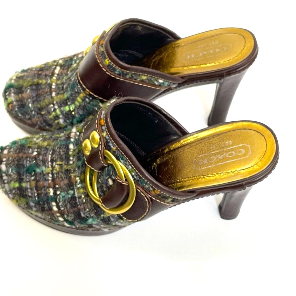 Coach Brown and Green Mules with Gold Accents